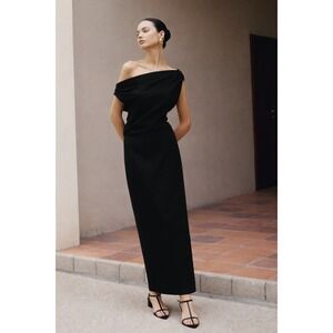 Commense Black Linen Cotton One Shoulder Draped Column Dress Asymmetrical XS